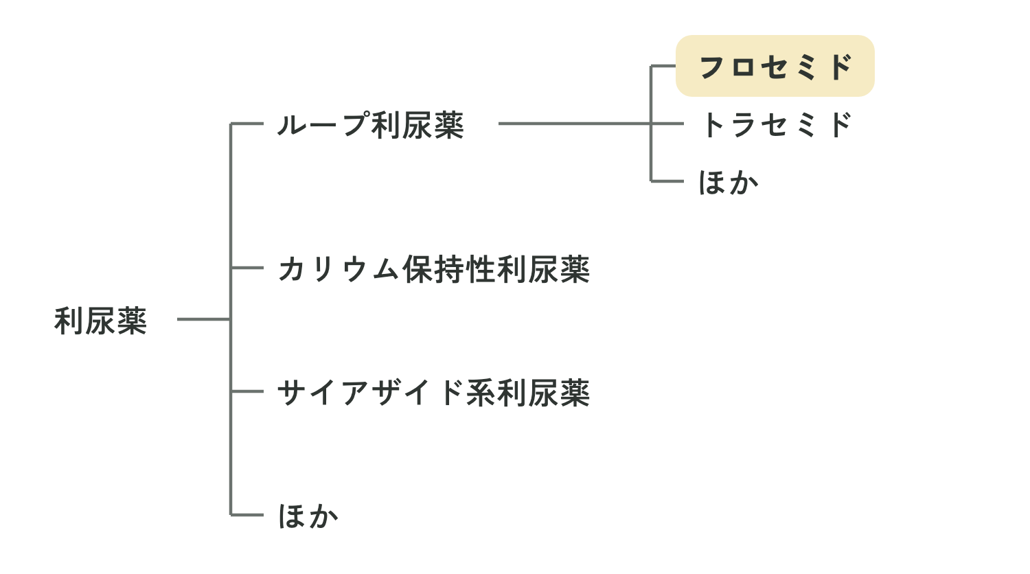 利尿薬の種類。フロセミドはループ利尿薬のひとつ